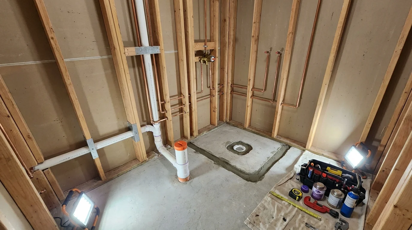 Bathroom rough-in plumbing during remodel by Johns Plumbing LLC in Oak Creek