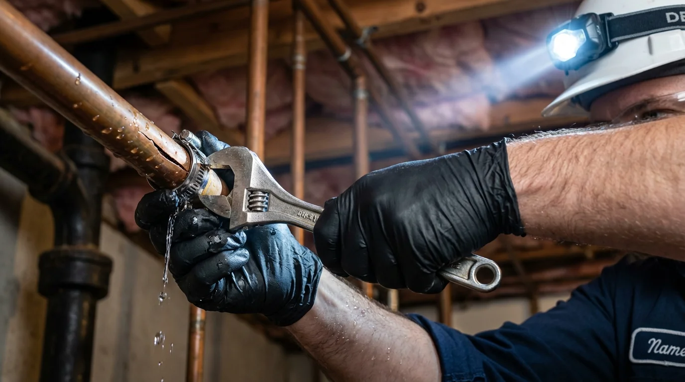 Emergency pipe clamp repair being performed by a Johns Plumbing LLC plumber in Oak Creek