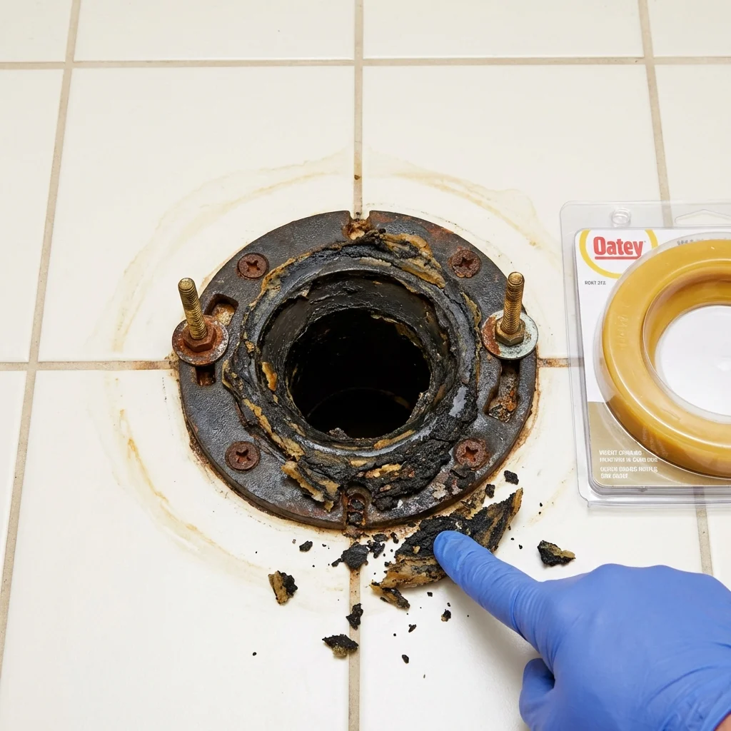 Failed wax ring showing water seepage at the base of a toilet in a Oak Creek, WI home