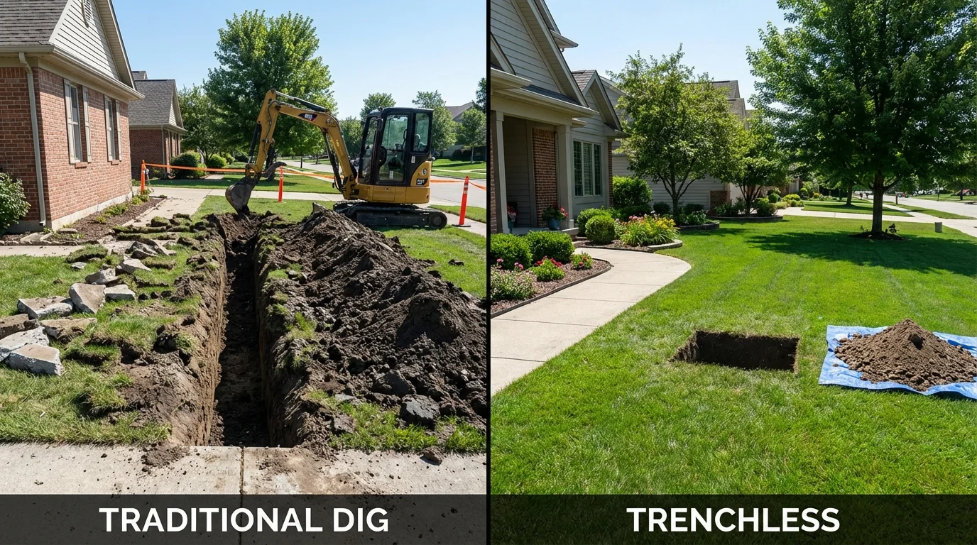 Trenchless sewer repair with minimal yard damage versus traditional excavation in Oak Creek, WI