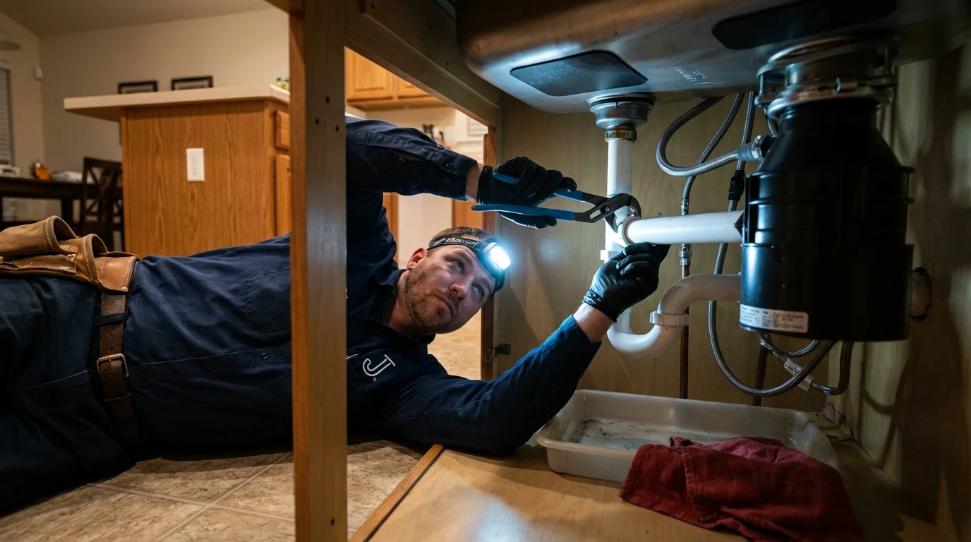 P-trap and supply line connections under a kitchen sink showing a common leak point in Oak Creek, WI